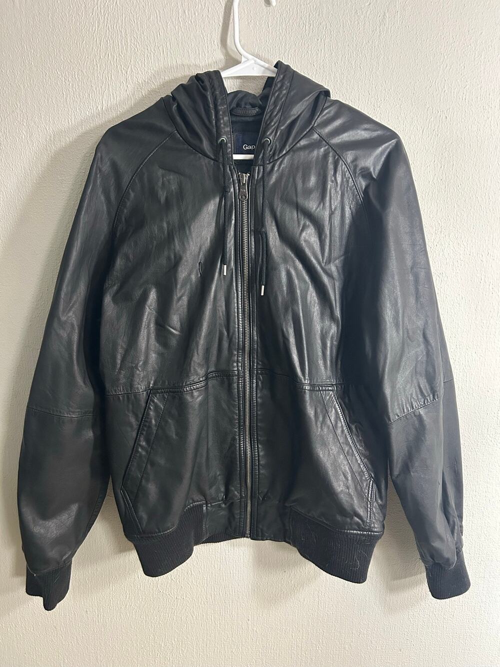 Gap Leather Jacket Men Size M Black Hooded Bomber Zip Up Warm Streetwear Goth